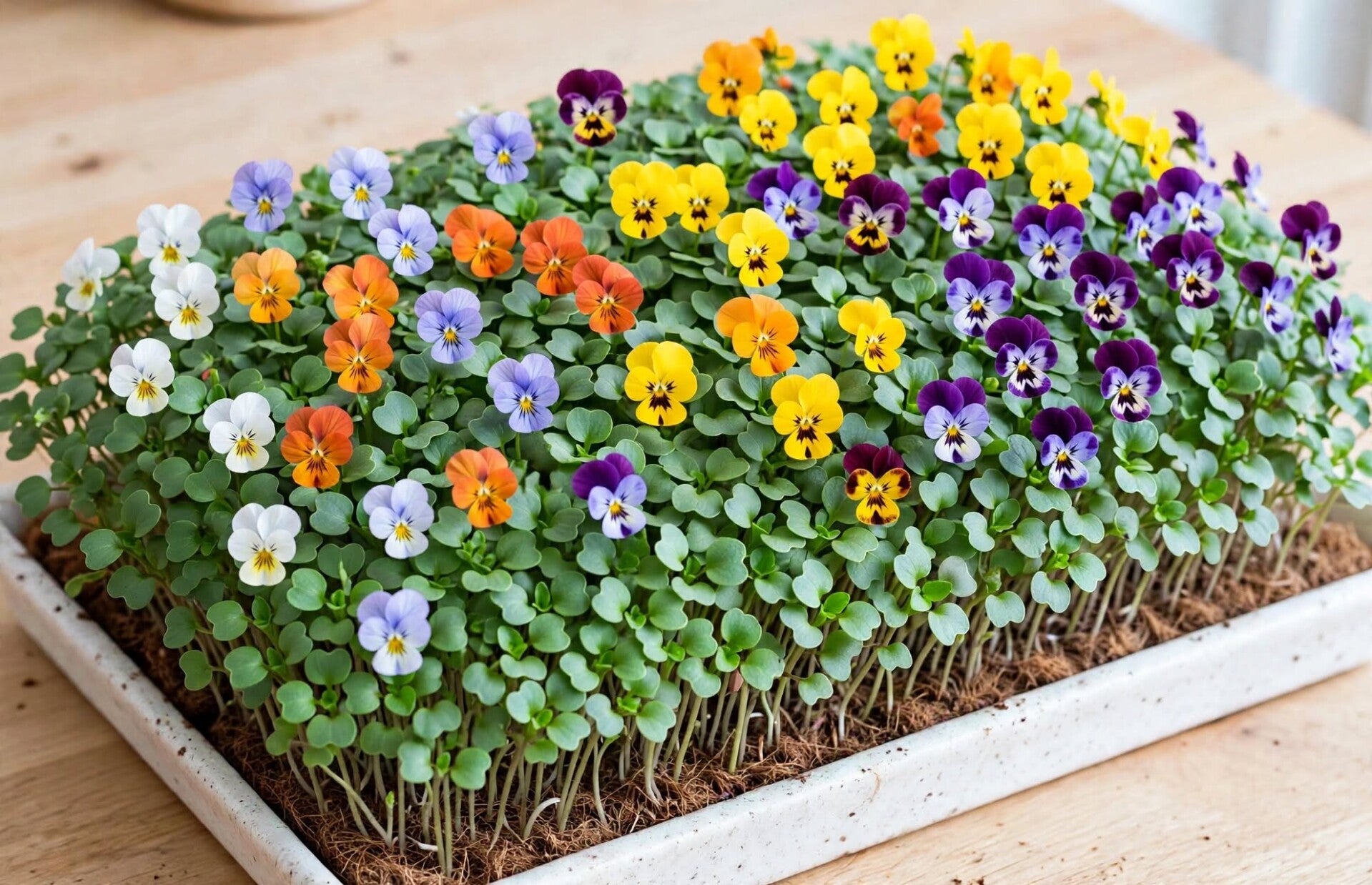 Hornviol Viola cornuta Sorbet Mix odlad på odlingsmatta med riklig blomning av ätbara blommor