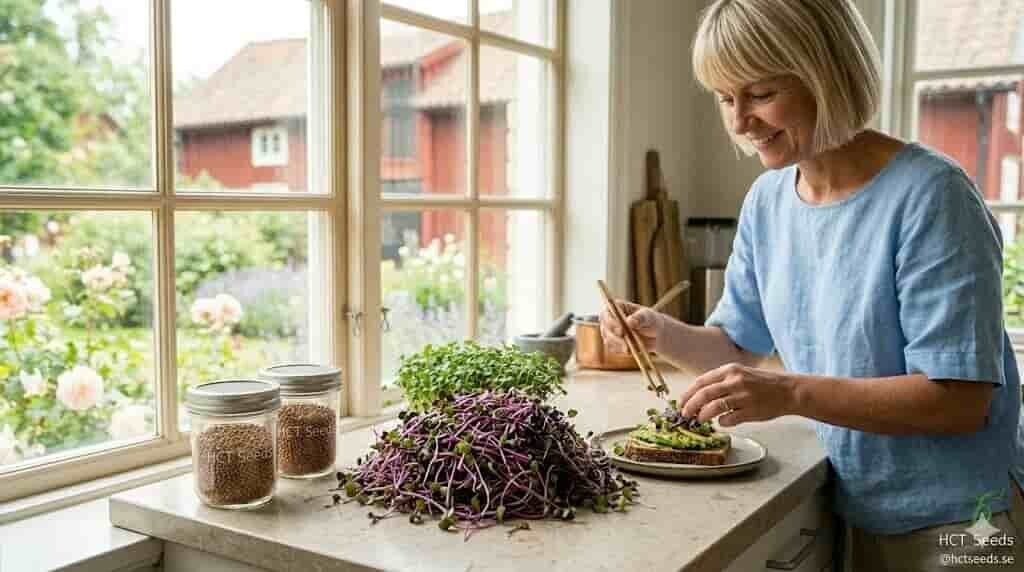 En hög med krispiga, mörklila röda senapsskott från HCT Seeds på en ljus köksbänk. I bakgrunden syns groddburkar med fröer och en person som toppar en avocado-macka med de färska skotten.