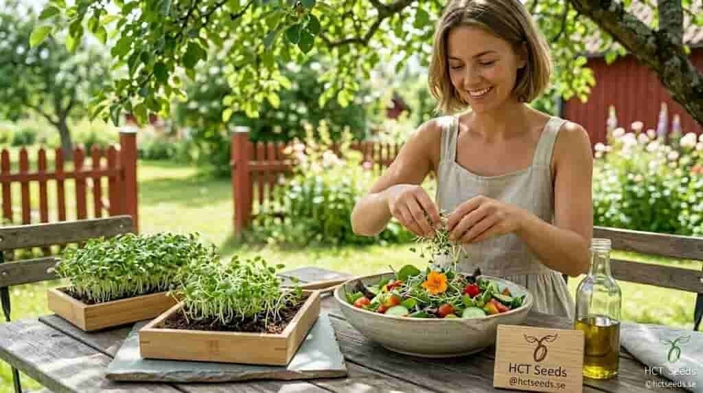 En kvinna skördar färska vita senapsskott (senaps-mikrogrönt) från ett odlingstråg i en solig trädgård. Skotten strösslas över en sommarsallad på ett rustikt träbord. En träskylt med HCT Seeds logotyp syns bredvid odlingen.