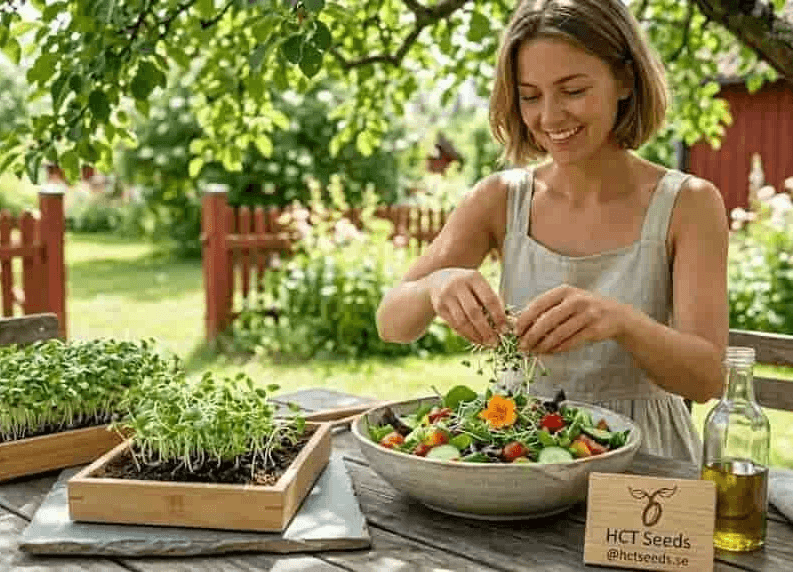 En kvinna som fixar sallad utomhus i trädgården bredvid trälådor med skott odlade från egna vita senapsfrö.