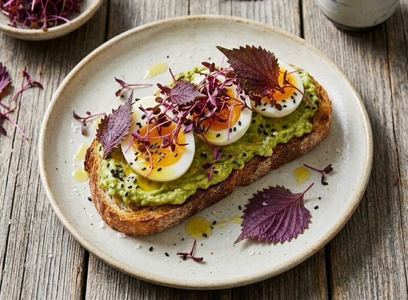 Avokadotoast med kokt ägg och röda shisoskott (perilla). Odla egna microgreens med fröer från HCT Seeds shop online.