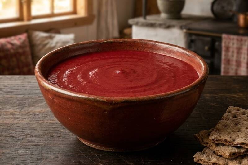 Skånsk 'Röd Eld' salsa baserad på röda senapsskott och äpple i en rustik skål, serverad med knäckebröd.
