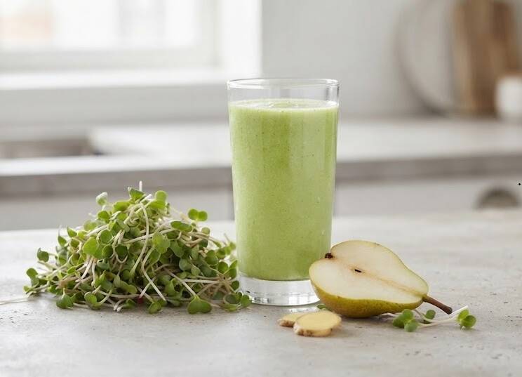 Smoothie med rädisskott, päron, ingefära  i ett glas
