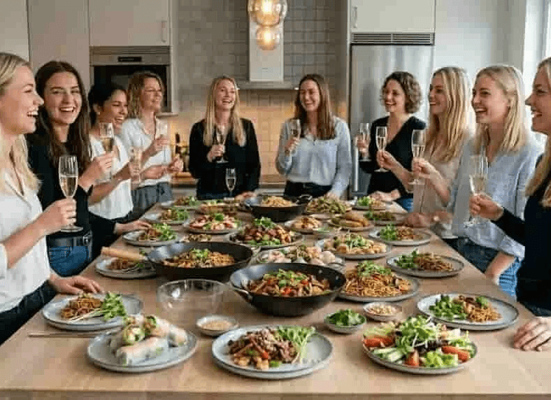 Ett glatt sällskap som samlats kring ett långbord fyllt med maträtter och sallader toppade med hemodlade solrosskott odlade från egna solrosfrön.