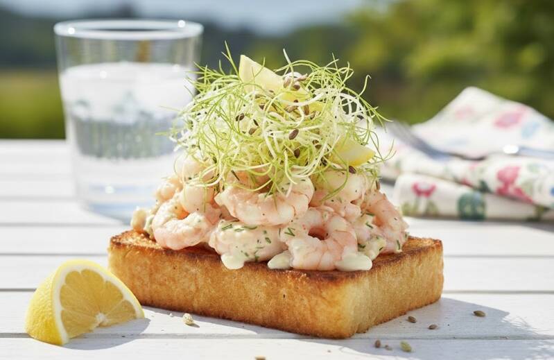 En smörstekt toast med handskalade räkor och citronmajonnäs, toppad med ett högt berg av färska dill- och fänkålsgroddar groddade från egna fänkålsfrön, stående utomhus med ett glas vatten.