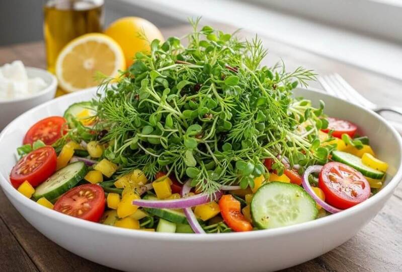 En vit skål fylld med en färgstark sommarsallad med tomater, gurka och rödlök, toppad med ett rikligt berg av färska dillskott odlade från egna dillfrön.