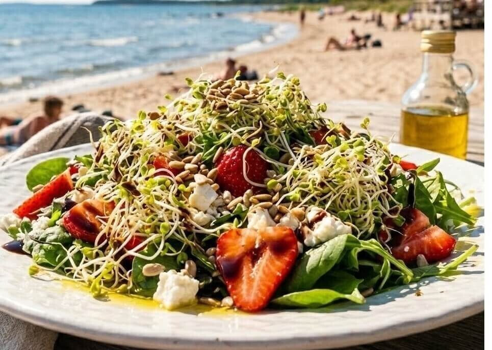 En salladstallrik med jordgubbar, fetaost och solroskärnor på ett bord nära stranden, rikligt toppad med alfalfagroddar groddade från egna alfalfafrön.