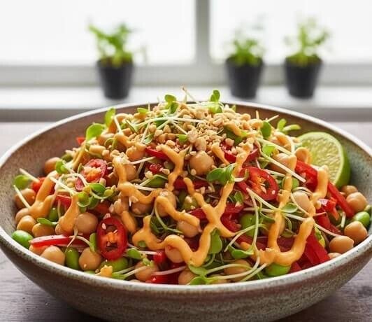 Stark Asiatisk sallad med kikärtsgroddar groddade på fröer från HCT Seeds