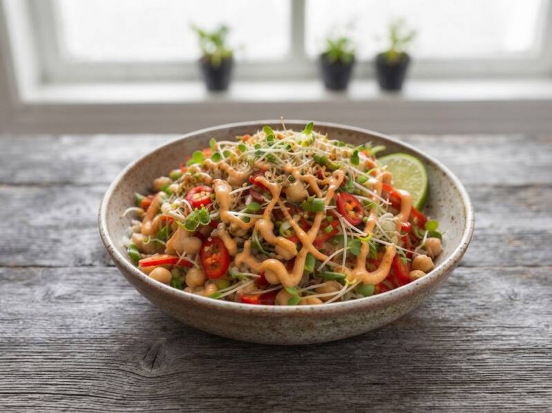 En skål med spicy asian chickpea bowl toppad med srirachamajonnäs och groddar på ett träbord