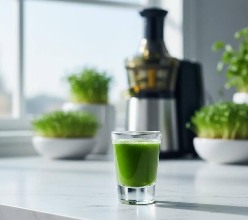 Ett glas med en grön, nypressad vetegrässhot i fokus, stående på en köksbänk. I bakgrunden syns en juicepress och två krukor med frodigt, grönt vetegräs/mikrogrönt.