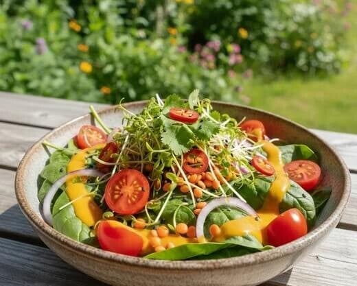 Stark sommarsallad med smörgåskrasse odlade på fröer från HCT Seeds