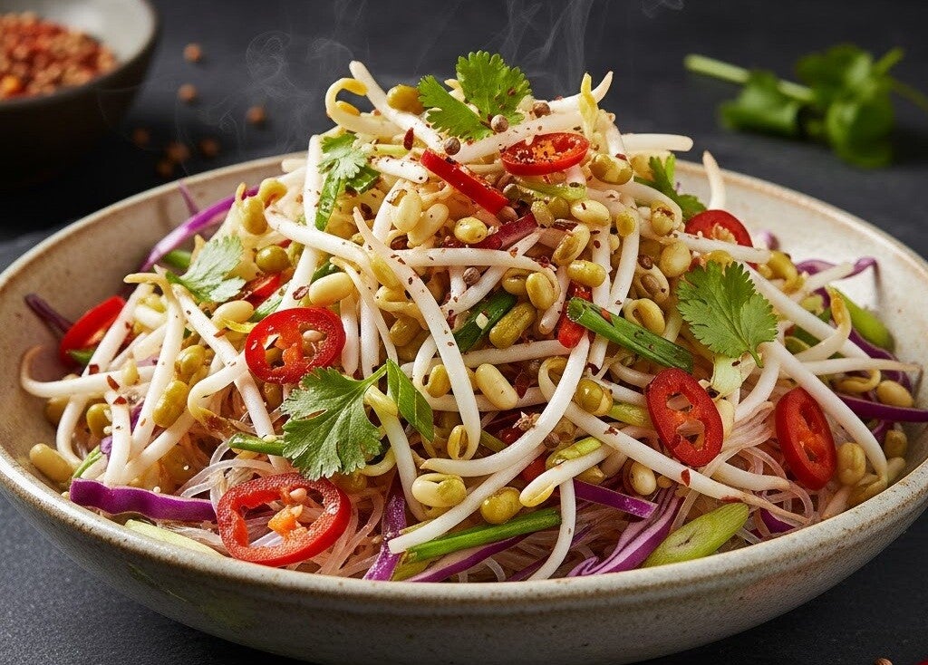 Asiatisk nudelsallad med mungböne-groddar, chili och färska örter i en skål.