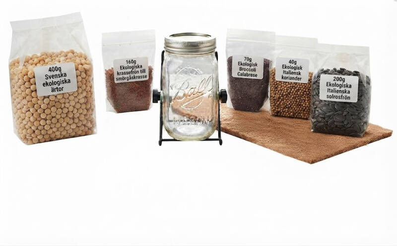 Komplett startpaket brunch för groddar och mikrogrönt - 5 sorters fröer med groddburk i glas med ställning och odlingsmatta i hampa