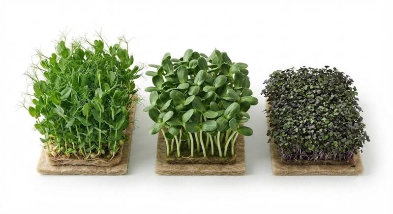 Startkit med tre odlade mikrogrönt på hampamattor: ärtskott, solrosskott och broccoliskott mot vit bakgrund.