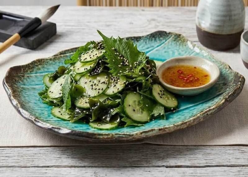 En turkos tallrik med japansk sunomonomed gurka, wakame och sesamfrön, toppad med färska gröna shisoskott odlade från egna gröna shisofrön/perillafrön bredvid en liten skål med sötsur sås.