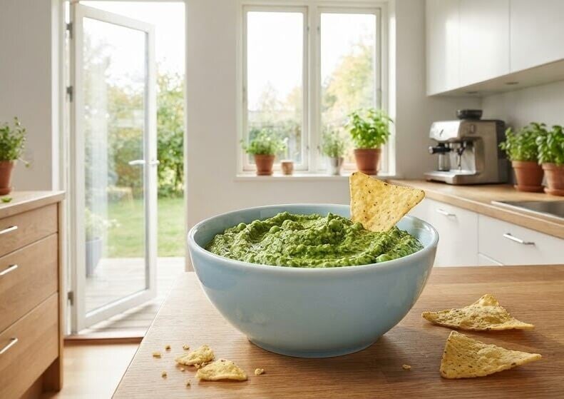 En skål med grön salsa på ett träbord i ett kök, med tortillachips och rapsskott odlade från egna rapsfrön.