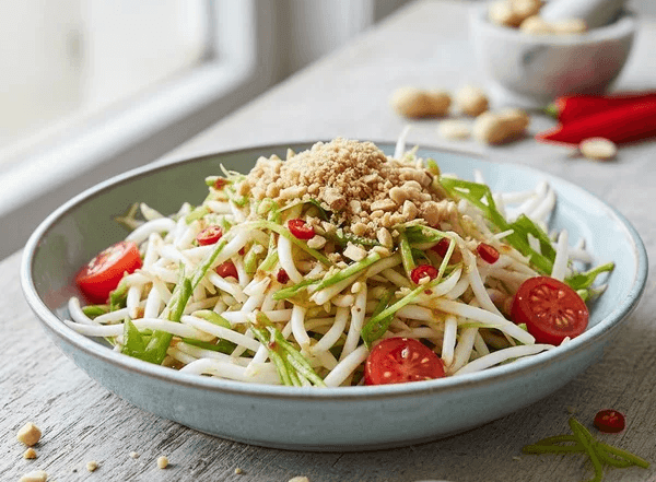 En skål med thailändsk sallad och mungbönegroddar toppad med krossade nötter och röda tomater, odlade från egna mungbönor