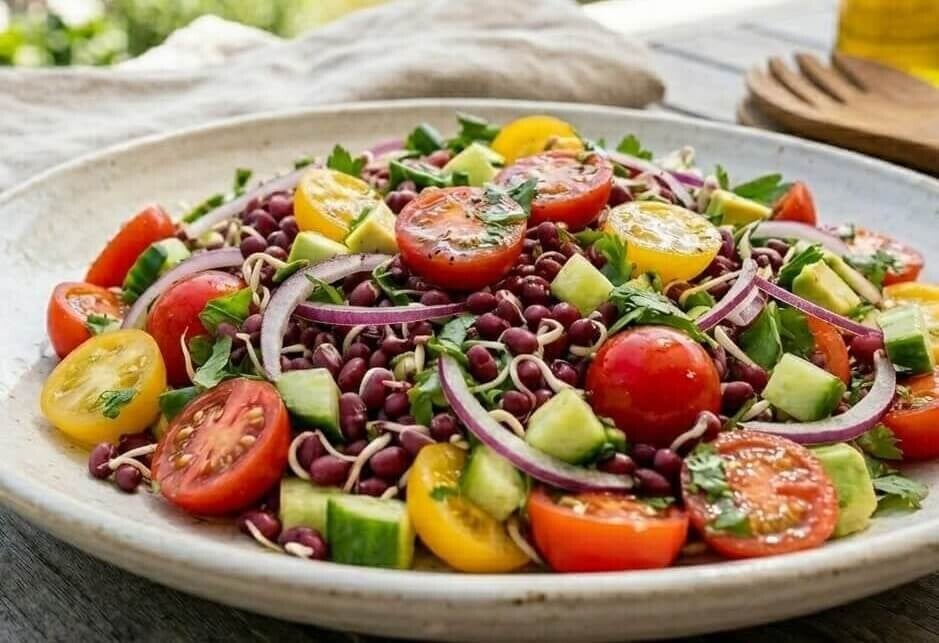 En djup skål fylld med en färggrik sallad med röda och gula tomater, gurkbitar, rödlök och ett rikligt lager mörka adzukigroddar odlade från egna adzukibönfrön.
