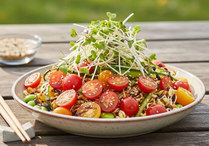 En färgstark sallad med körsbärstomater i en skål på ett träbord, rikligt toppad med skott odlade från egna rädisfrö Daikon.