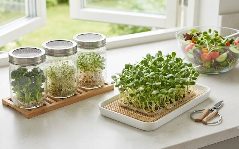 Ett ljust och fräscht svenskt kök i juli med en bänkskiva i ljus kvarts. I fokus står en estetisk odlingsstation med tre glasburkar för groddar (broccoli, alfalfa, rädisa) och en vit keramisk bricka med frodiga solrosskott på en hampamatta, redo att skörd