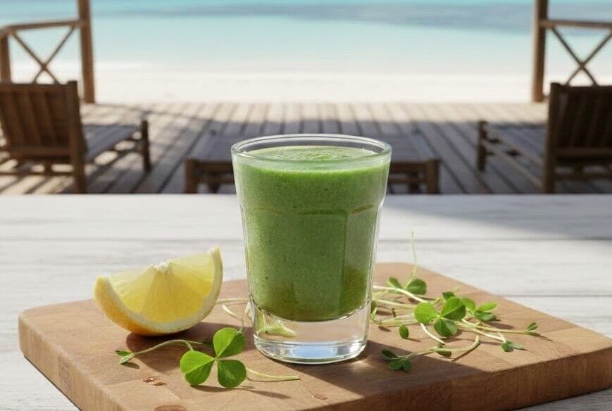 Ett glas med en grön smoothie-shot på en träskärbräda bredvid en citronklyfta och alfalfagroddar groddade från egna alfalfajfrön.