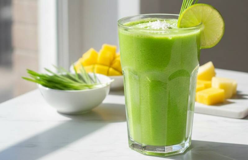 Ett glas fyllt med en klargrön smoothie toppad med en limeklyfta, stående på ett bord bredvid skålar med färskt vetegräs odlat från egna vetefrön, mango och ananas.