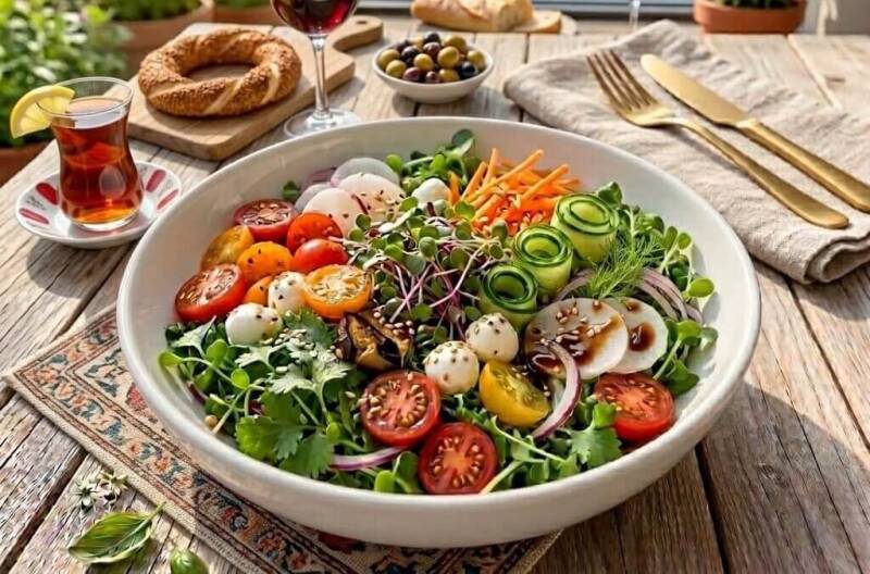 En stor skål med en färggrik sallad med tomater, gurka och mozzarella på ett träbord, toppad med ruccolaskott odlade från egna ruccolafrö.