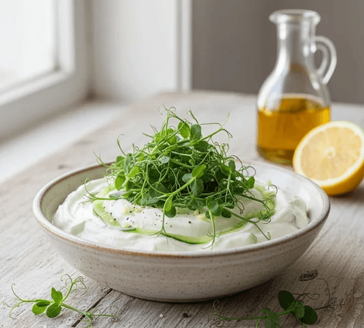 Fräsch Tzatziki med ärtskott odlade på ärtor från HCT Seeds