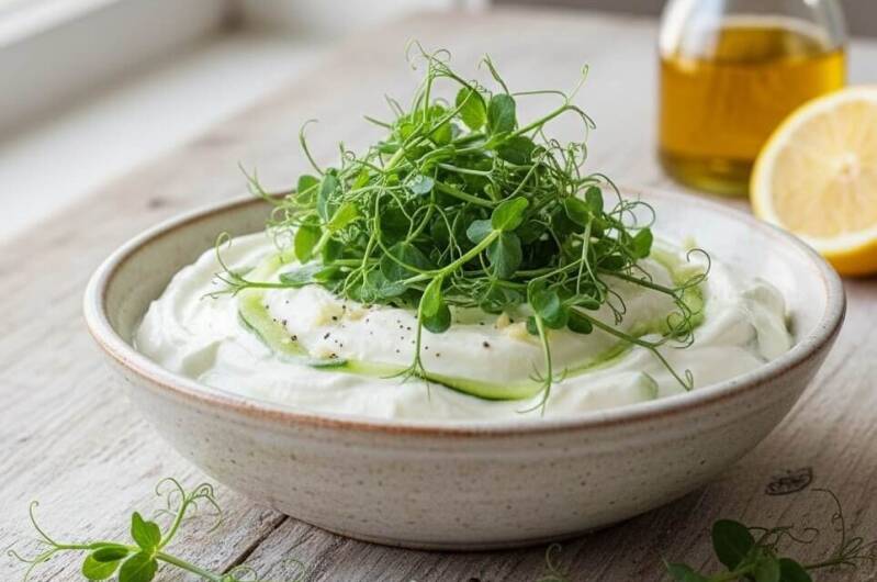 En skål med krämig vit tzatziki toppad med ett yvigt berg av färska gröna ärtskott odlade från egna bruna ärtor, stående på ett bord bredvid en citron och en flaska olja.