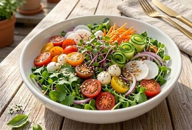 En skål med sommarsallad fylld med halverade körsbärstomater, gurk- och daikonskivor, toppad med färska korianderskott odlade från egna korianderfrön.