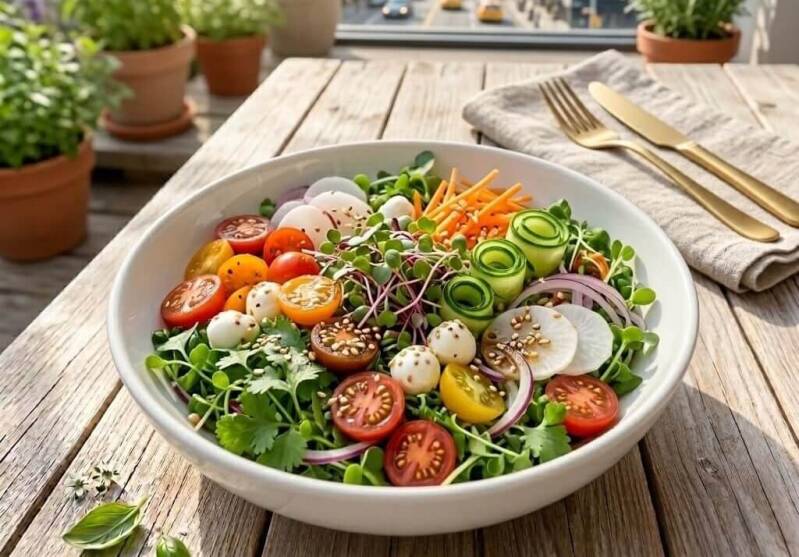 En färgstark sallad i en skål på ett träbord, toppad med daikonrädisa-skott odlade från egna rädisfrö Daikon.