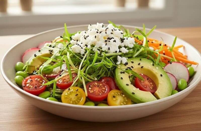 En skål med en vegetarisk poke bowl fylld med avokado, tomater, edamamebönor och fetaost på ett träbord, toppad med krispiga spenatskott odlade från egna spenatfrö.