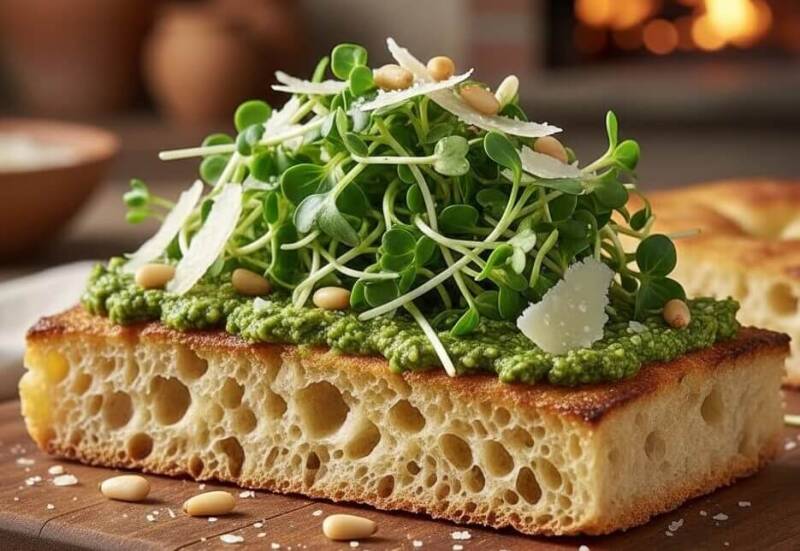 En bit focaccia med pesto, pinjenötter och parmesanost på en skärbräda, rikligt toppad med broccoliskott odlade från egna broccolifrön Raab.