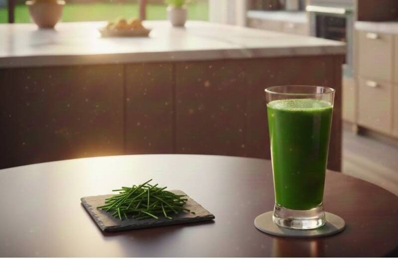 Ett glas med färskpressad grön vetegräs-shot som står på ett bord bredvid en liten skifferplatta med skördat vetegräs odlat från egna vetefrön.