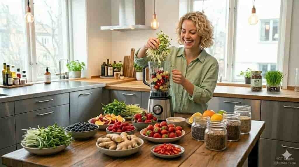 Ung kvinna gör smoothie med ingefära, bär och vetegrässkott odlade från HCT Seeds fröer.