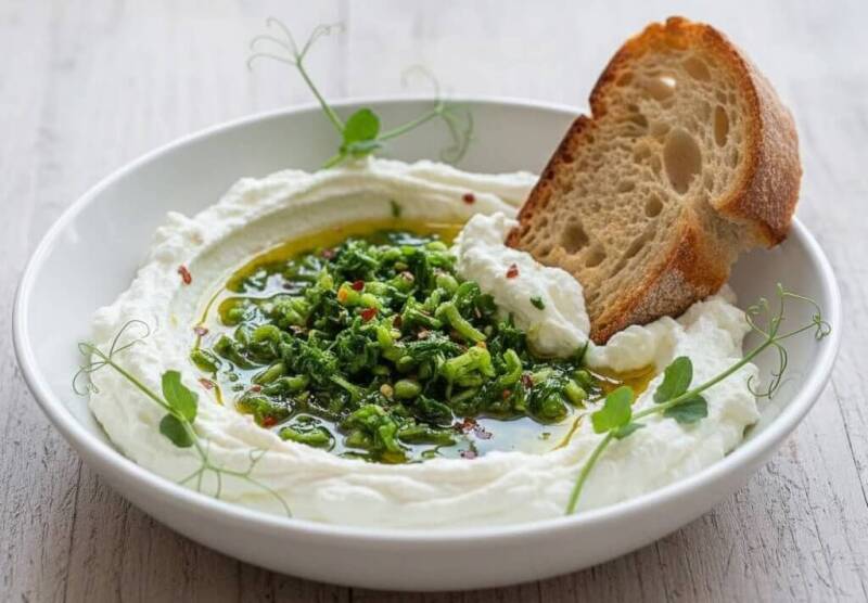 En skål med krämig vispad fetaost med örter och olivolja, serverad med en skiva bröd och toppad med ärtskott odlade från egna ärtfröer