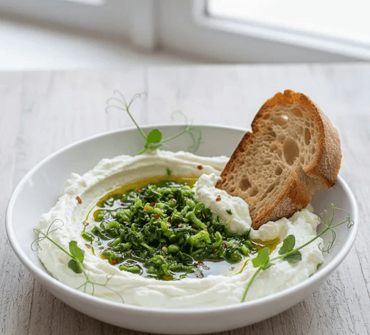 Lyxig Whipped Feta med krispig Ärtskott odlade på ärtor från HCT Seeds