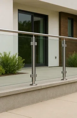 Contemporary outdoor glass railing system with stainless steel posts and top rail, mounted on a concrete patio in front of a modern home with sliding glass doors and wood-accented exterior walls.