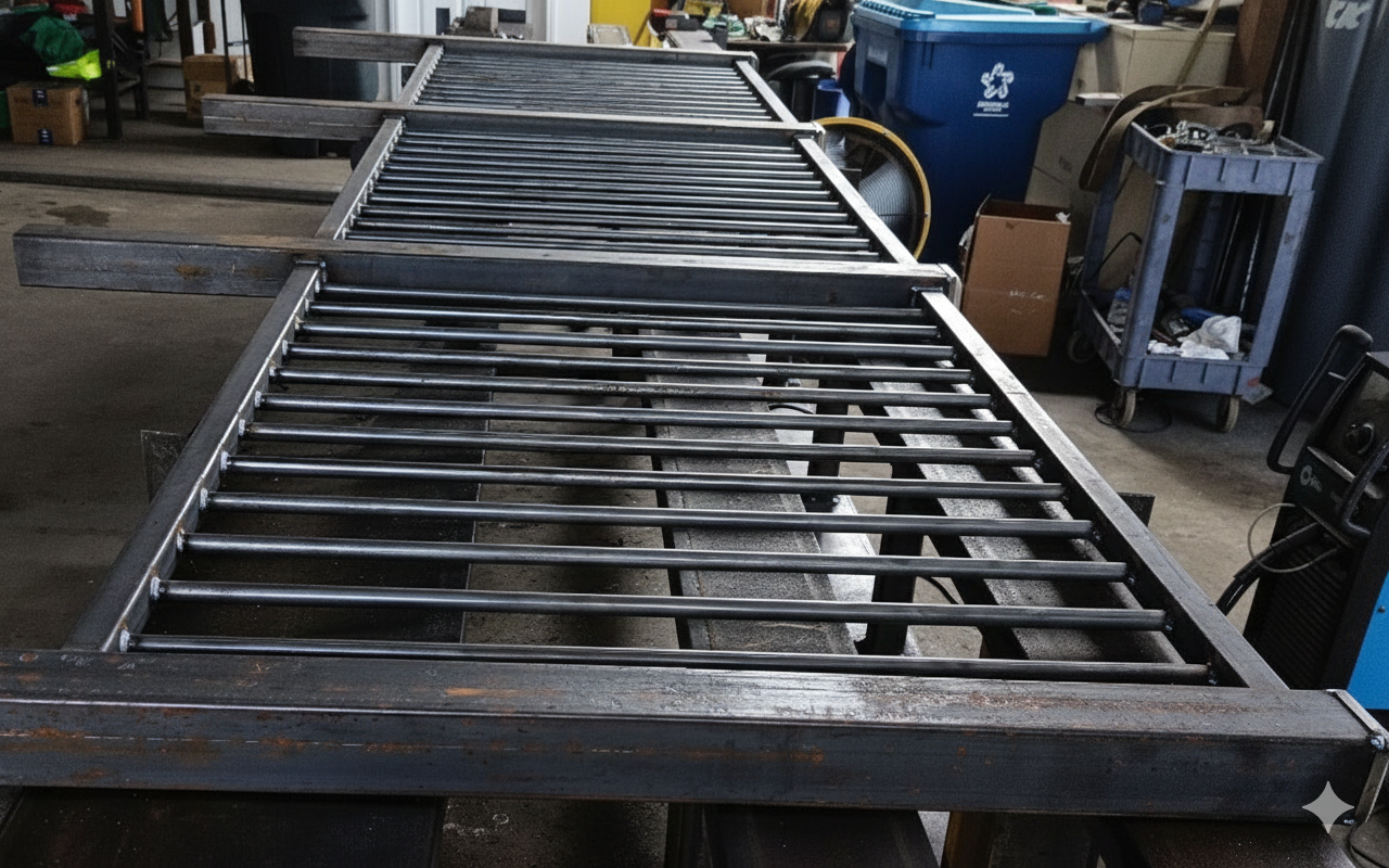 Close-up of a high-quality steel gate or railing assembly on a professional welding workbench, featuring clean metal fit-up, square tubing construction, and professional shop lighting.