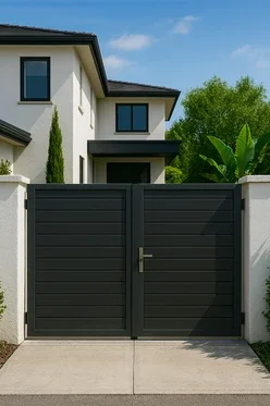 Modern double swing metal gate with horizontal slats and a central handle, installed between white concrete walls in front of a contemporary two-story home with black window frames and lush green landscaping.