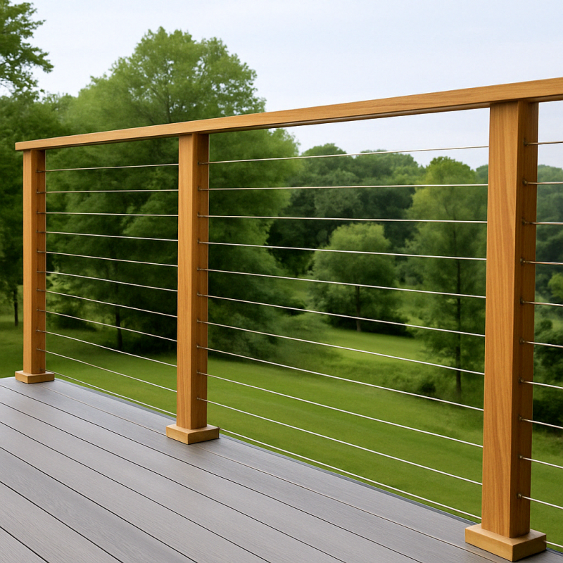 stainless steel cabe railings with wood on a deck