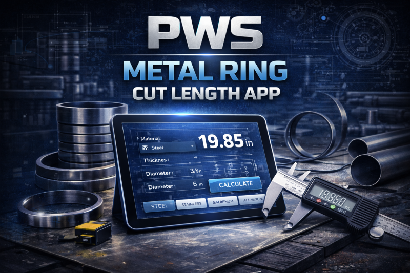 PWS metal ring cut length app displaying calculated material length for forming metal rings.