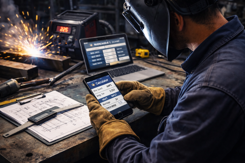 Welder using a smartphone welding calculator to determine MIG welding settings while working at a welding machine in a fabrication shop
