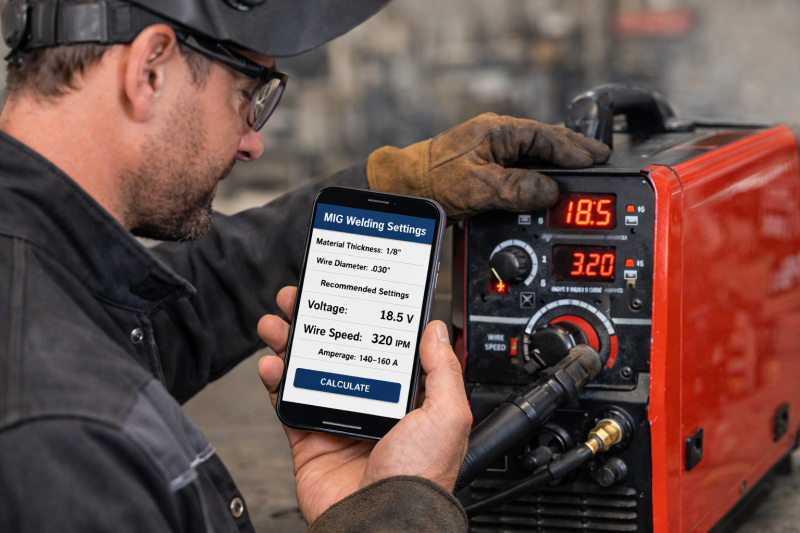 Welder using a MIG welding settings calculator on a smartphone to adjust voltage and wire speed on a MIG welding machine