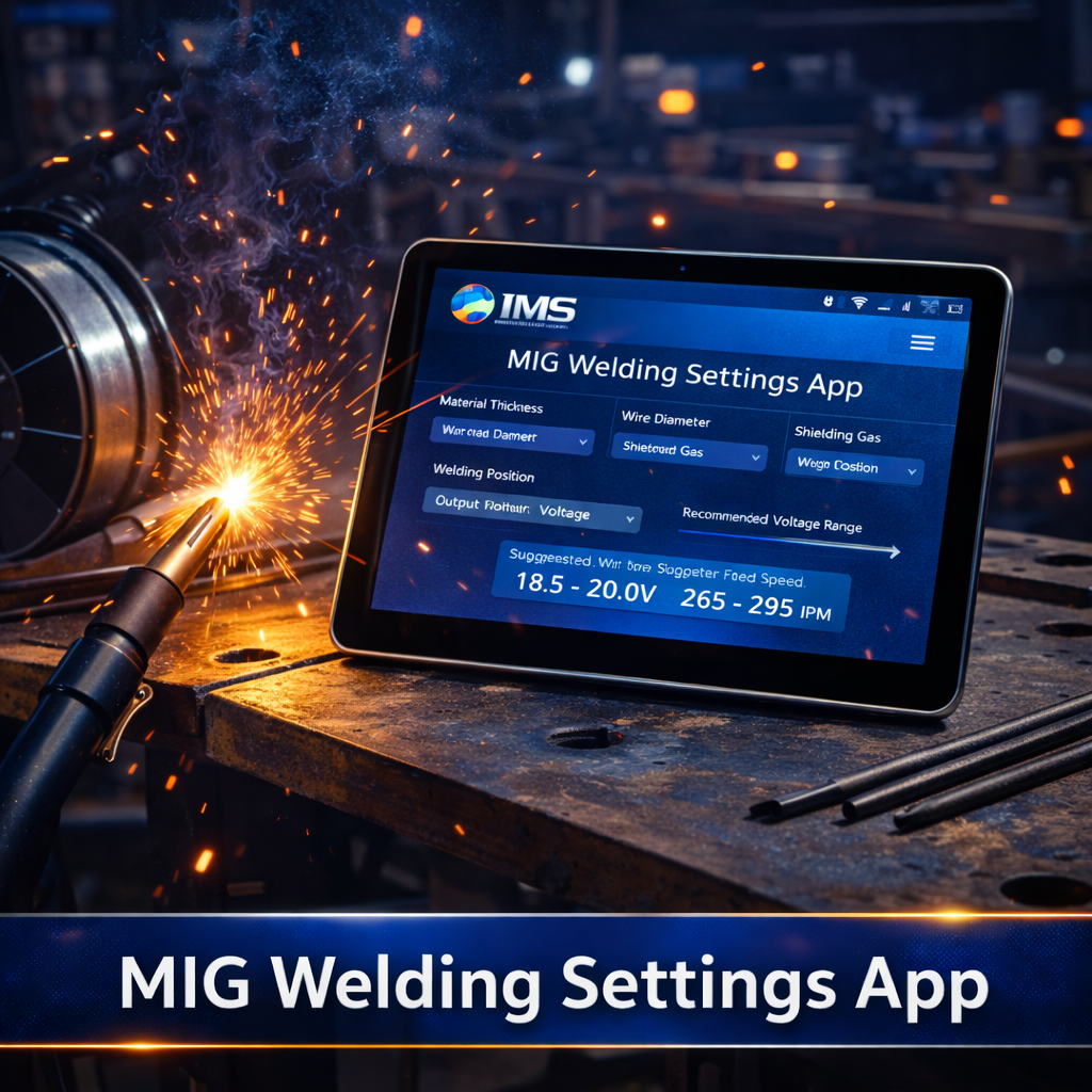 MIG welding settings app interface showing material selection, wire type, gas choice, and recommended voltage and wire feed speed for fabrication work.