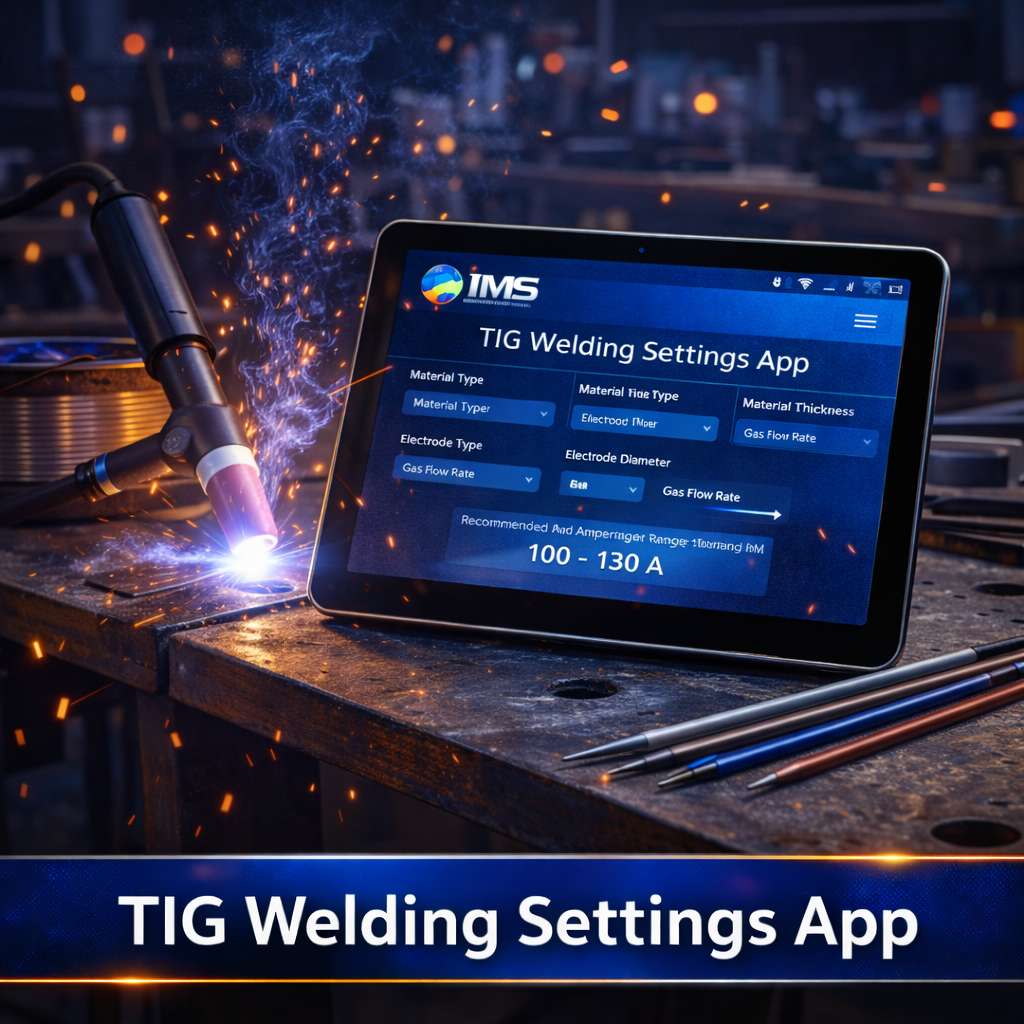 TIG welding settings app interface displaying material type, thickness selection, and recommended amperage and welding parameters for precision welding.