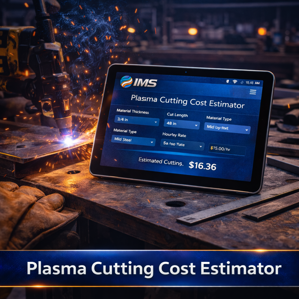 PWS CNC plasma cutting cost estimation app interface showing calculated cutting costs based on material and cutting parameters.