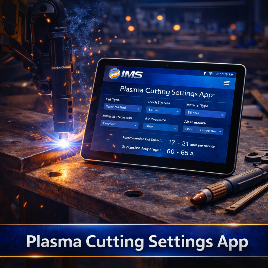 PWS CNC plasma cutting settings app interface showing material selection and optimized cutting