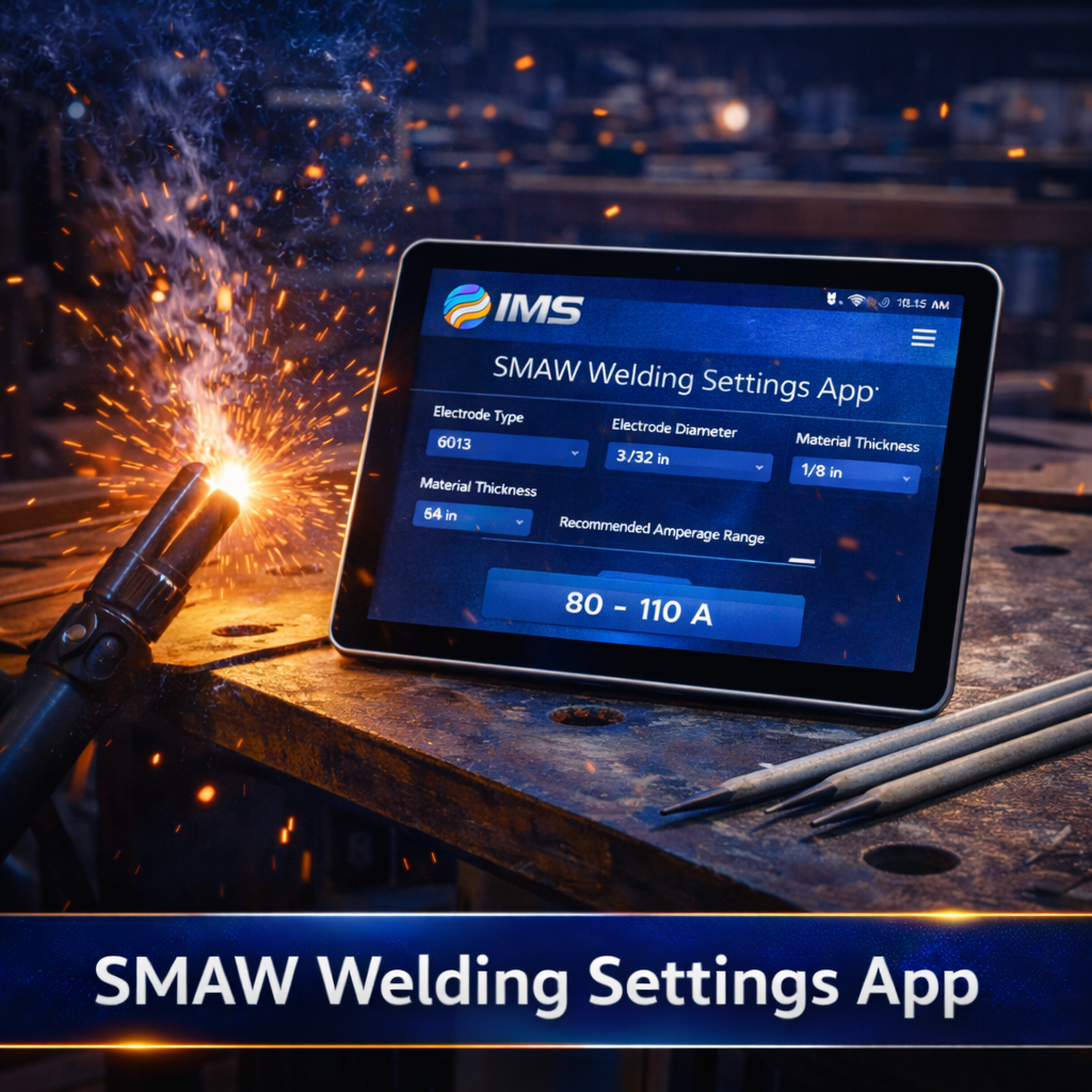 PWS SMAW stick welding settings app interface showing recommended amperage and electrode selection.