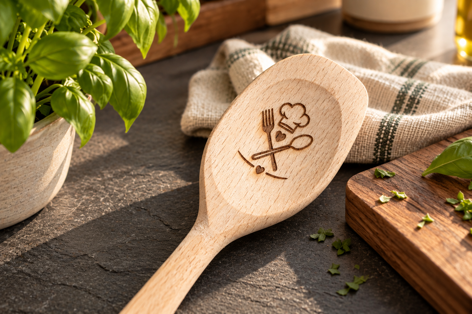 Gravierte Kochlöffel, Racletteschaber, Schneidebretter und weitere praktische Küchenaccessoires aus Holz.